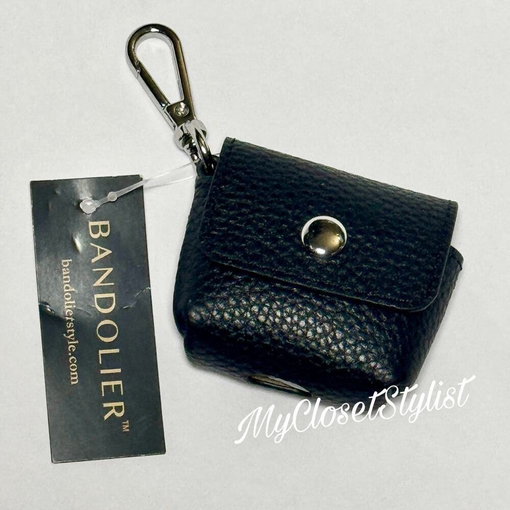 NWT BANDOLIER Black Pebbled Leather airPods Case SILVER Version!
